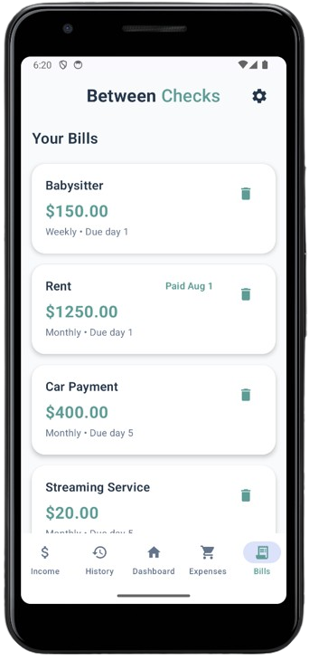Between Checks bills screen