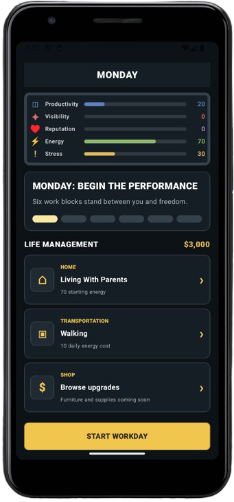 Start workday screen
