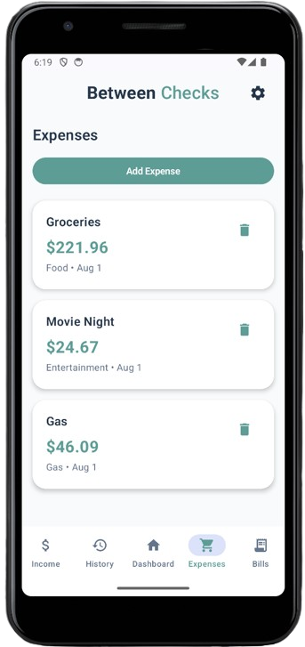 Between Checks expenses screen