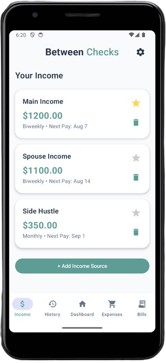 Between Checks income screen